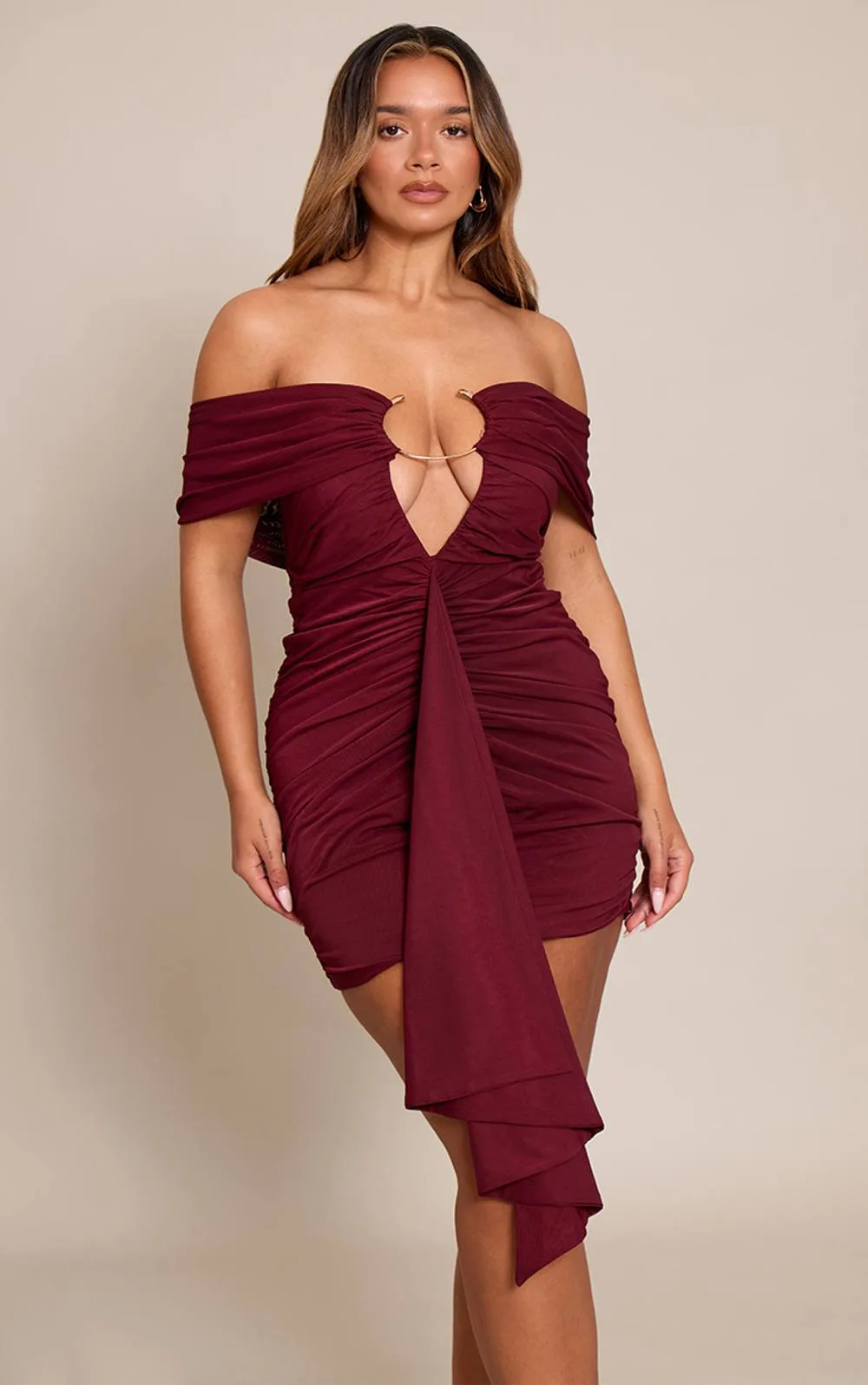 Shape Mesh O Ring Plunge Bardot Mini Dress