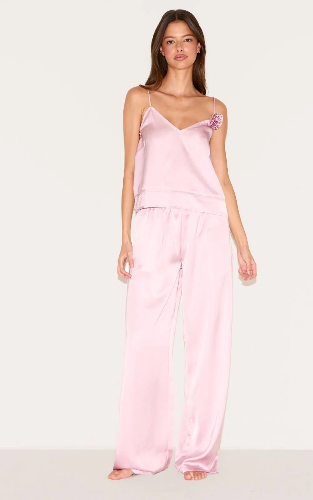 Satin Flower Trim Cami Long Pajama Set by PrettyLittleThing