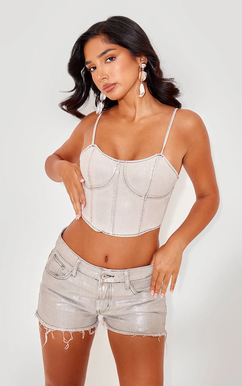 Metallic Denim Corset Top by PrettyLittleThing