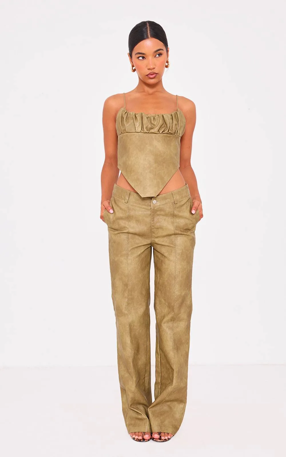 Premium Washed Faux Leather Dip Waist Flared Trousers Co-Ord
