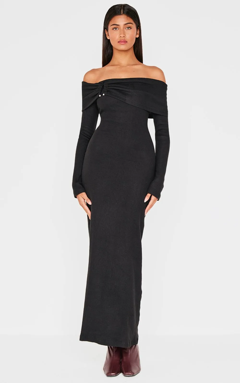 Heavy Brushed Rib Bardot Trim Maxi Dress