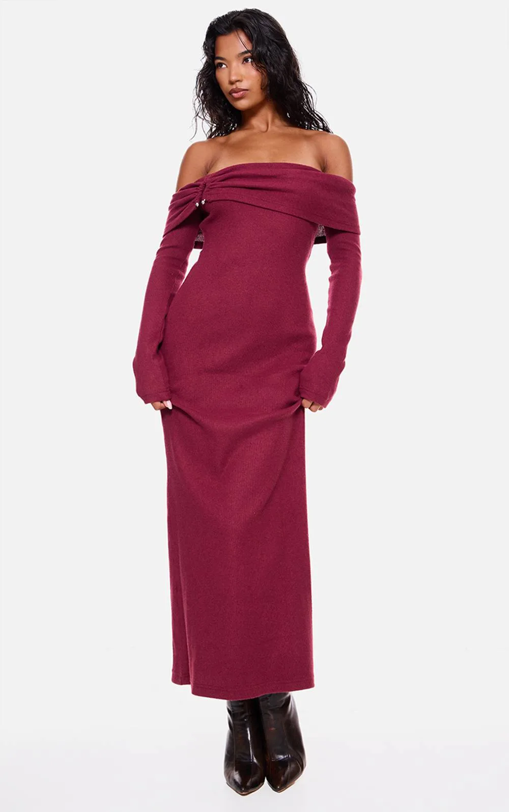 Heavy Brushed Rib Bardot Trim Maxi Dress
