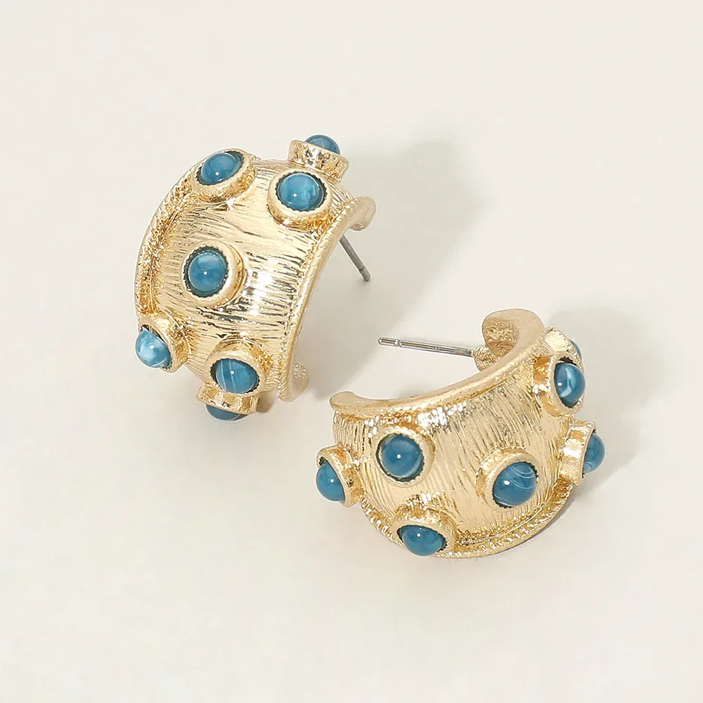 Round Stone Embellished Textured Wide Hoop Earrings by FASHNZFAB