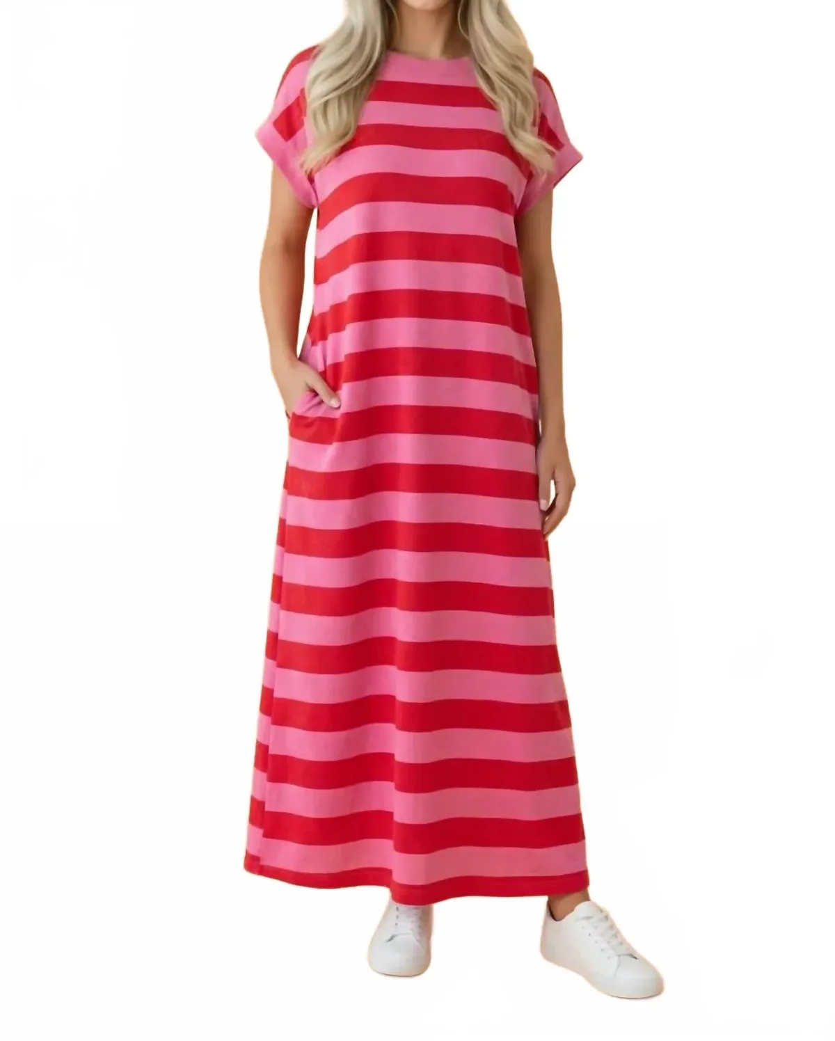 Cuffed T-Shirt Long Dress in Rose Stripe by Pretty Bash