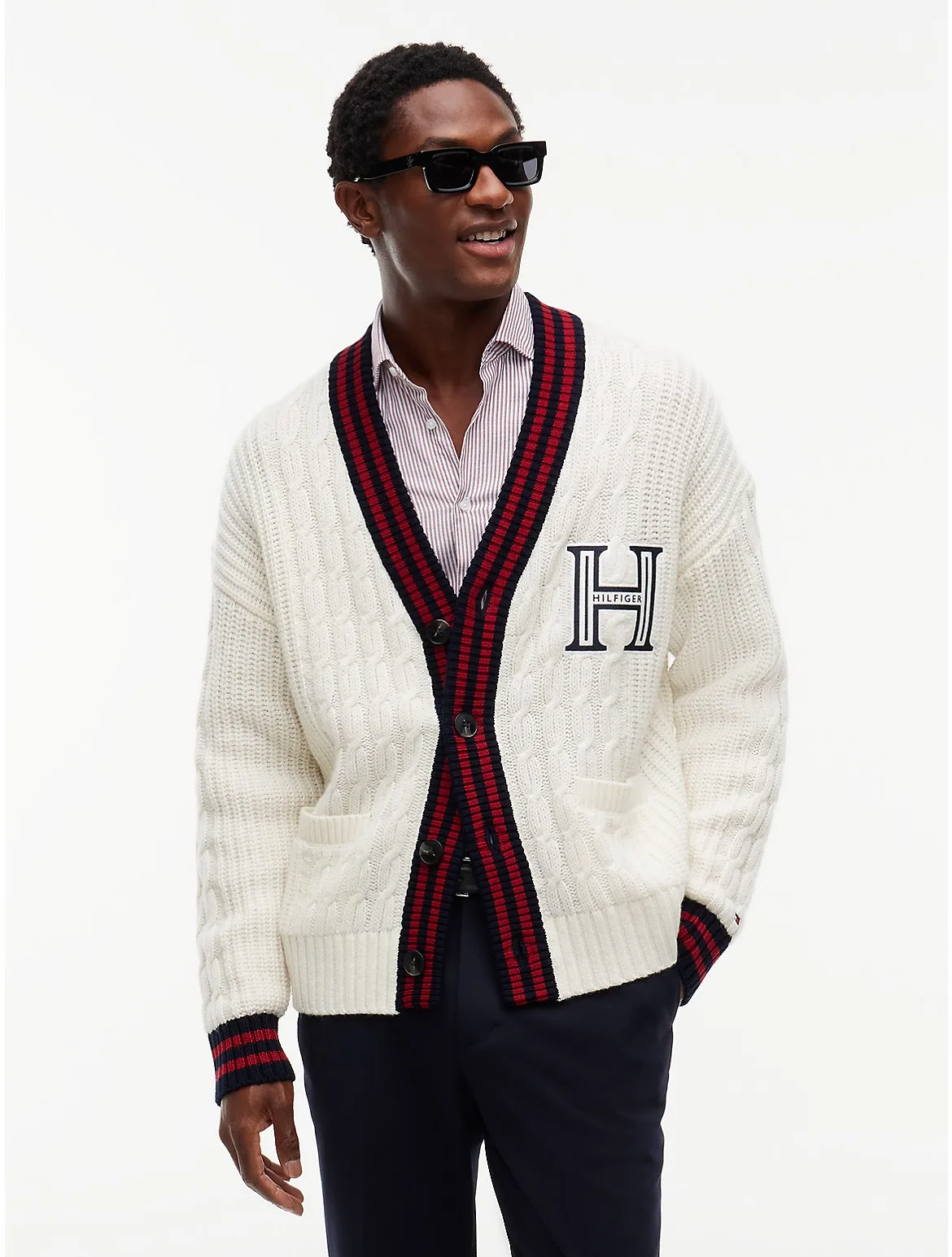 Cable Knit Wool-Blend Letterman Cardigan by Tommy Hilfiger
