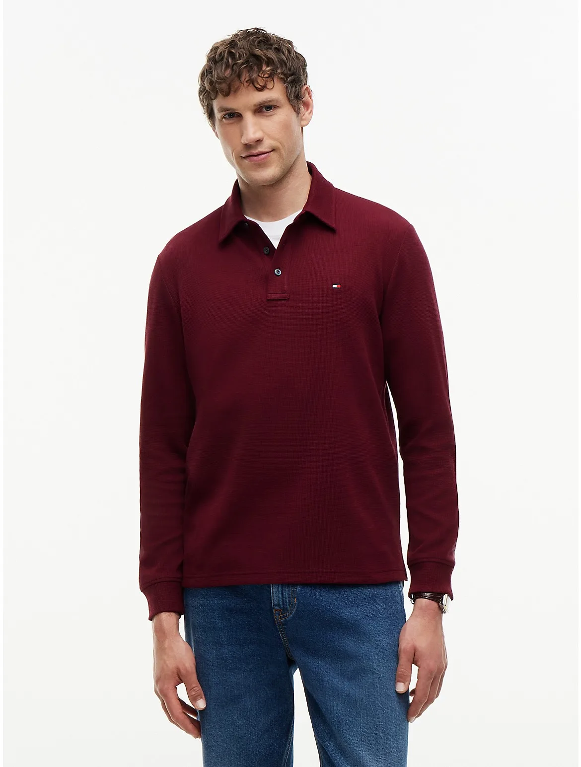 Regular Fit Long-Sleeve Waffled Polo by Tommy Hilfiger