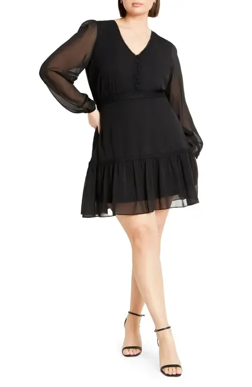 Navy Embroidered Sheer Balloon Sleeve Dress by City Chic