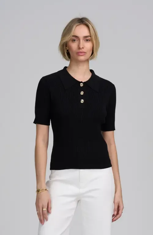 Fine Gauge Ribbed Short Sleeve Henley by ELLE Collection