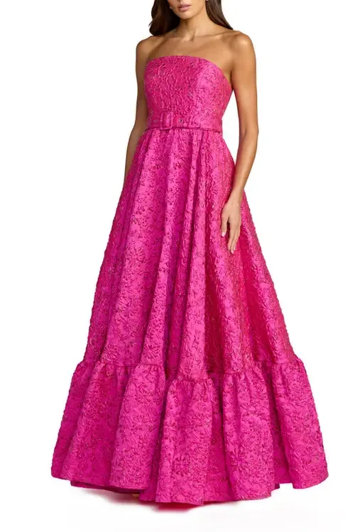 Strapless Floral Brocade Ruffle Hem Gown with Belt by Mac Duggal