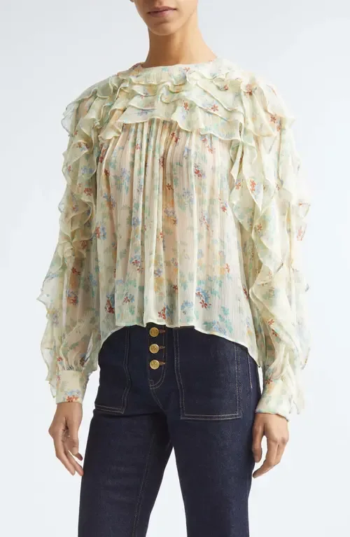 Willow Floral Ruffle Trim Silk Top by Ulla Johnson