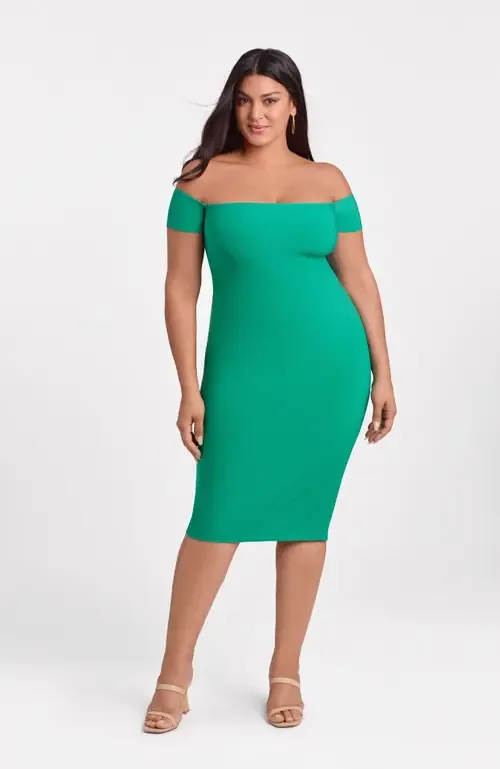 Sculpting Shapewear Straight Neck Off the Shoulder Midi Dress by S3 Apparel