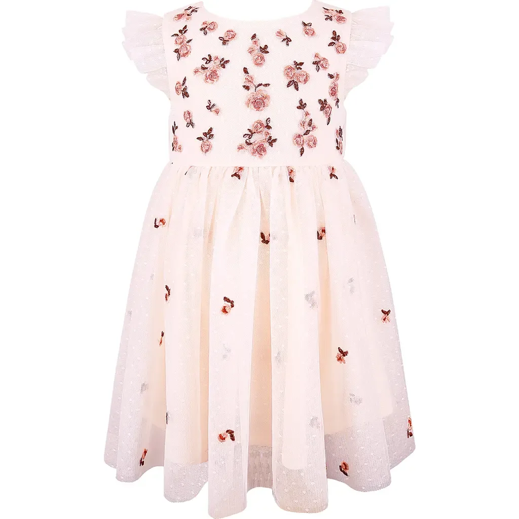 Embroidered Flutter Sleeve Mesh Dress by Zunie