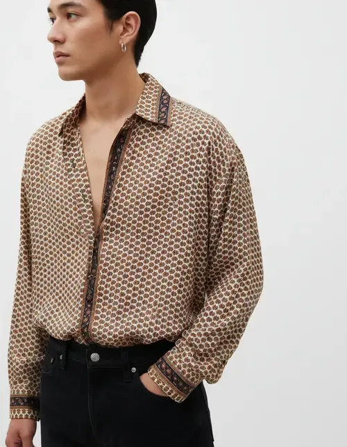 Embossed Botanical Long Sleeve Crepe Shirt by Monzlapur