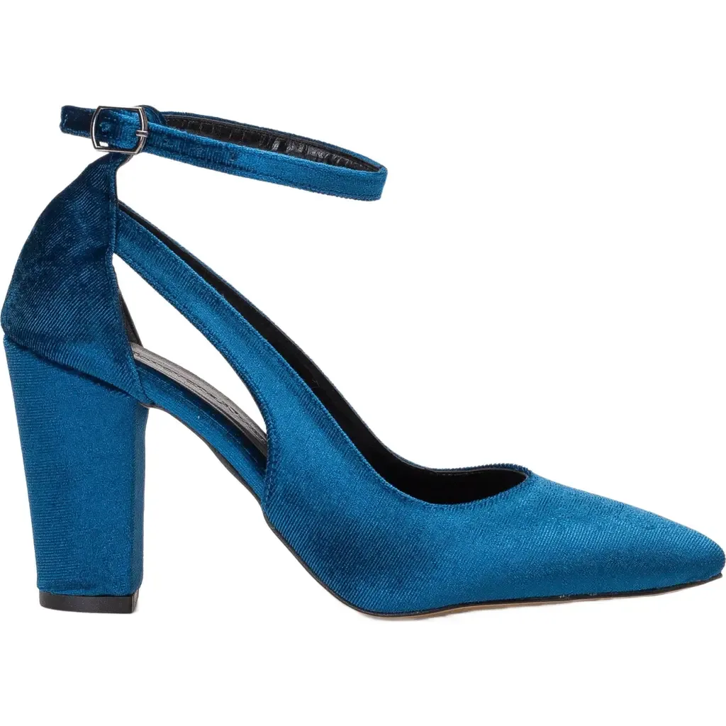 Colette Pointed Toe High Block Heels in Teal Blue Velvet
