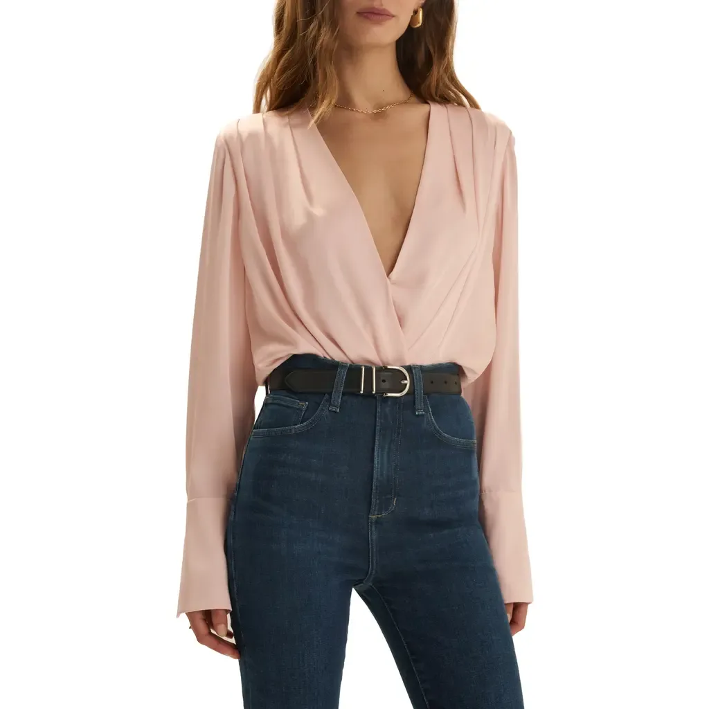 Surplice Long Sleeve Satin Bodysuit by Favorite Daughter