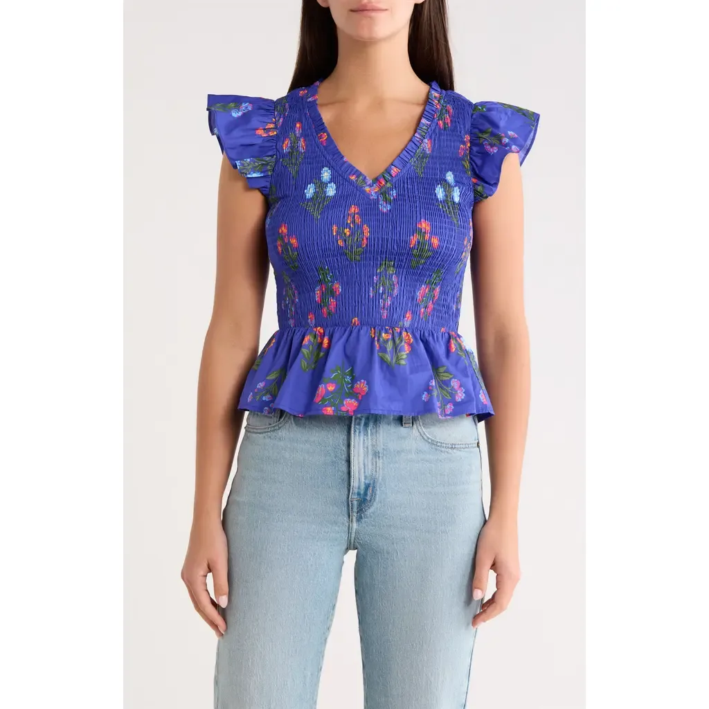 Clemen Floral Brish Smocked Flutter Sleeve Peplum Cotton Top by SUGARLIPS