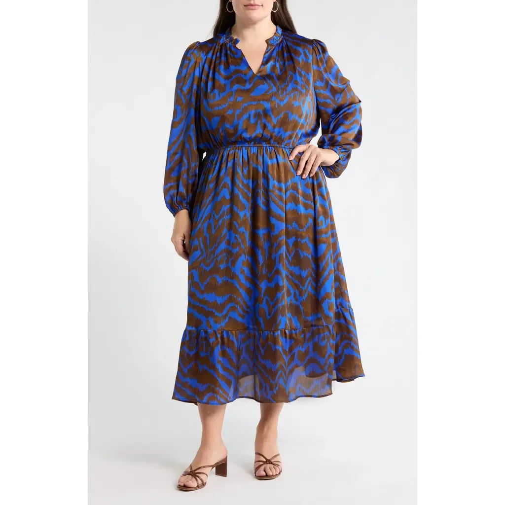 Krista Abrstract Fabiola Long Sleeve Satin Midi Dress