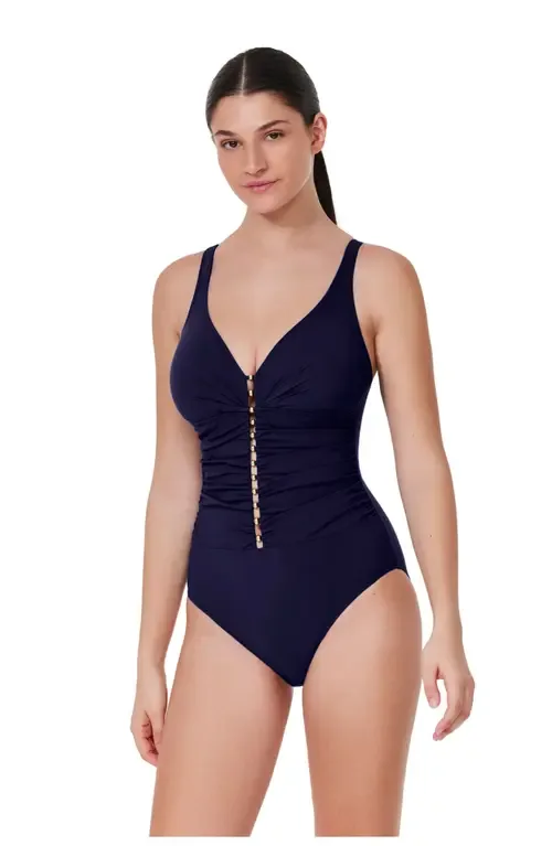 Tutti Frutti D-Cup V-Neck Gold Beaded One Piece by Profile by Gottex