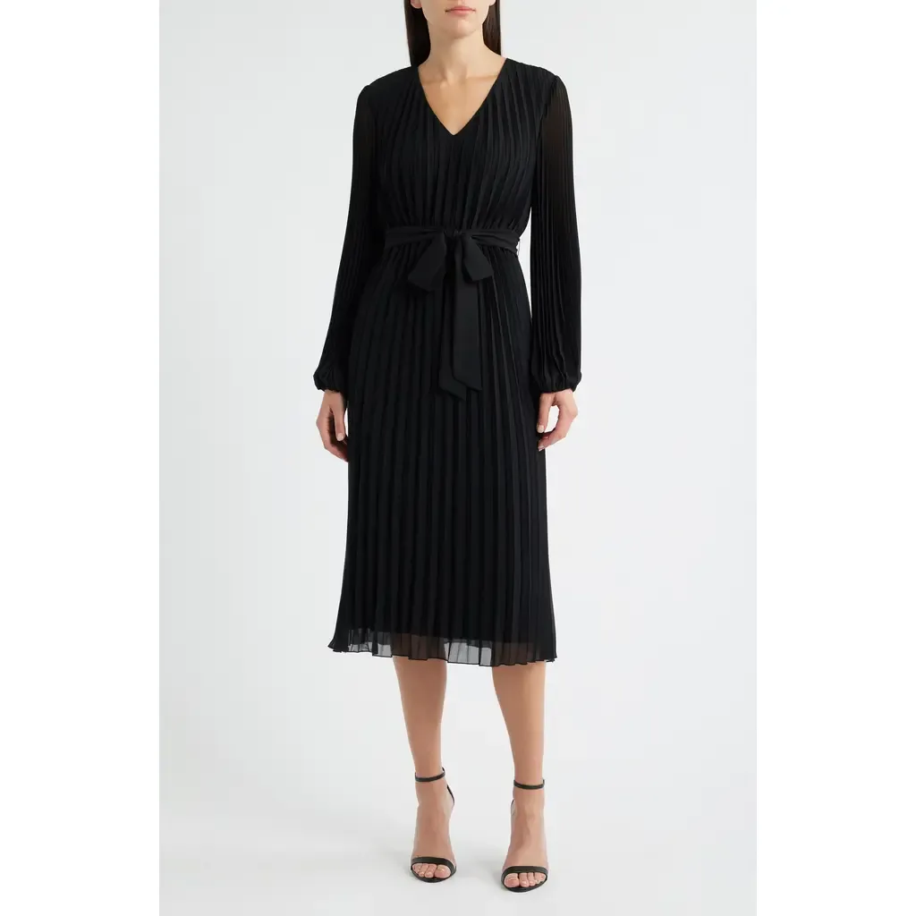 Pleated Long Sleeve Chiffon Midi Dress