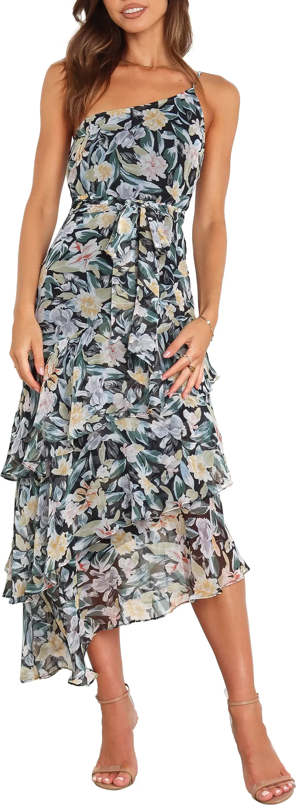 Amren Floral One-Shoulder Tiered Asymmetric Dress