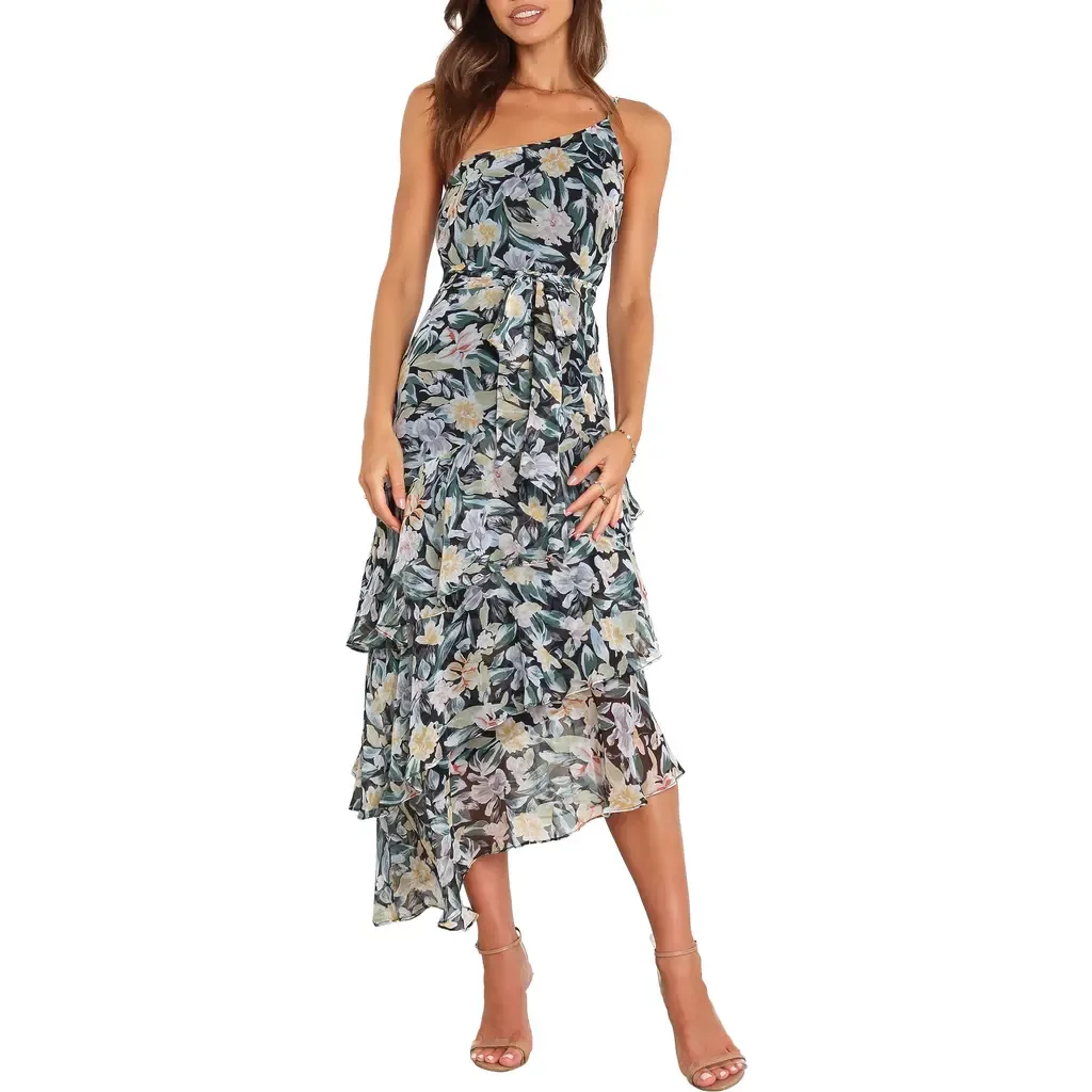 Amren Floral One-Shoulder Tiered Asymmetric Dress by Petal & Pup