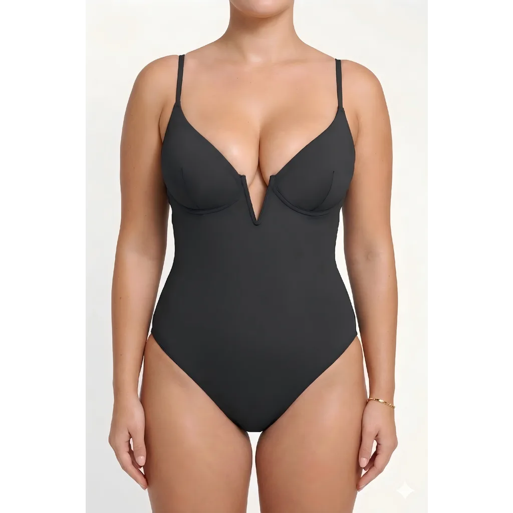 Plunging V Built-In Shapewear Low Back One-Piece Swimsuit by Popilush
