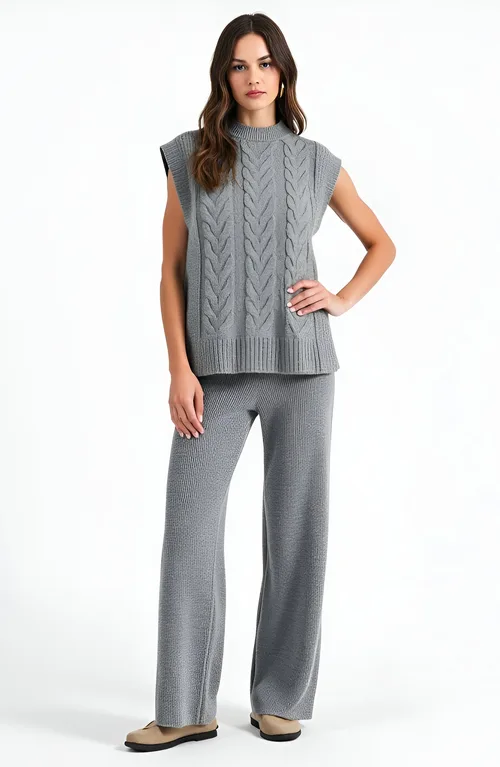 Cable Knit Cap Sleeve Sweater Vest and Wide Leg Pants Set by Modenaire
