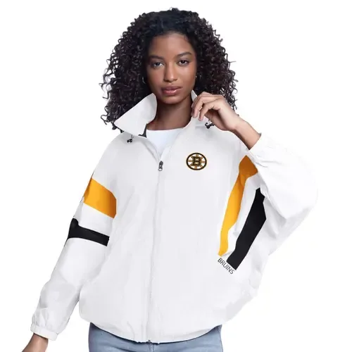 G-III Sports by Carl Banks White Boston Bruins Game News Oversized Full-Zip Hoodie Jacket by G-III SPORTS BY CARL BANKS