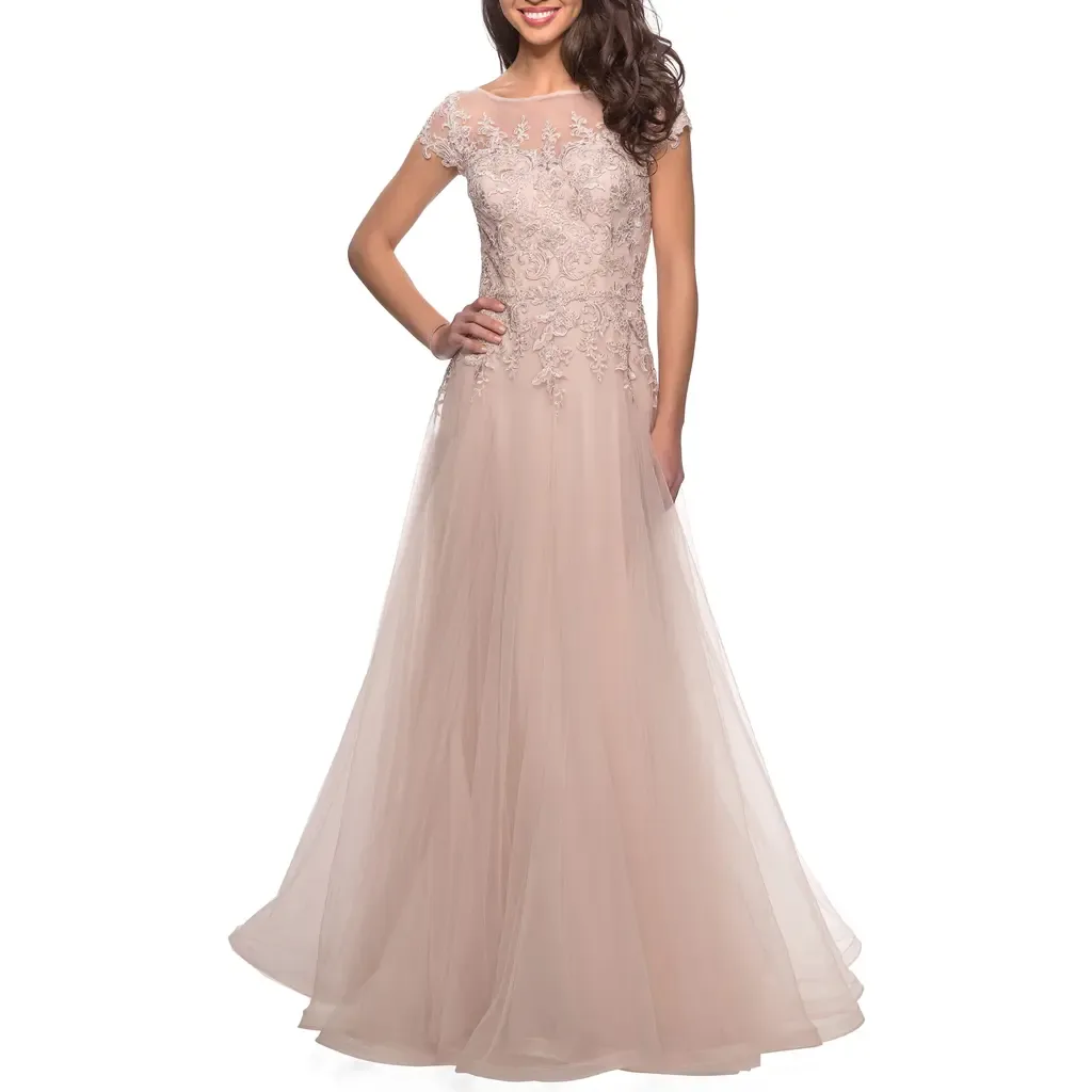 Long Tulle Gown with Lace Bodice and Pockets by La Femme