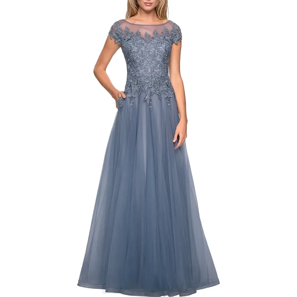 Long Tulle Gown with Lace Bodice and Pockets