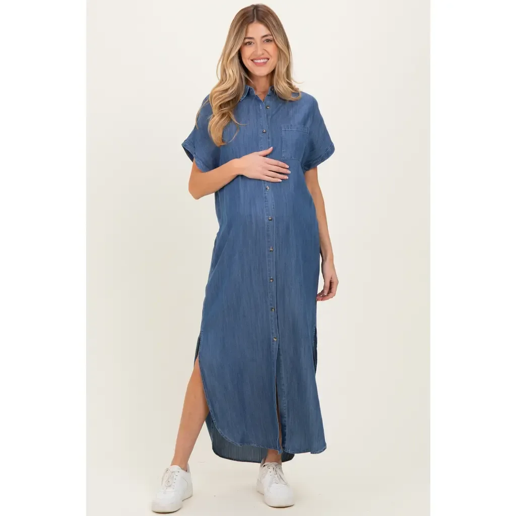 Chambray Button Down Shirt Dress by PinkBlush