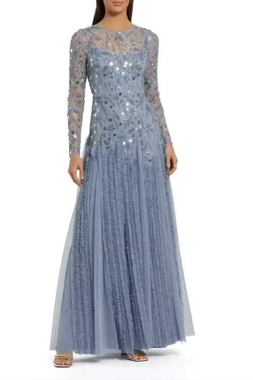 Embellished Mesh Long Sleeve Ruffle Hem Gown by Mac Duggal