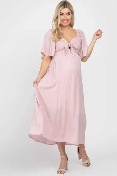 Front Tie Ruffle Sleeve Midi Dress by PinkBlush