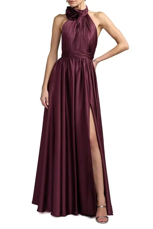 Rosette Halter Chiffon Evening Gown by Mac Duggal