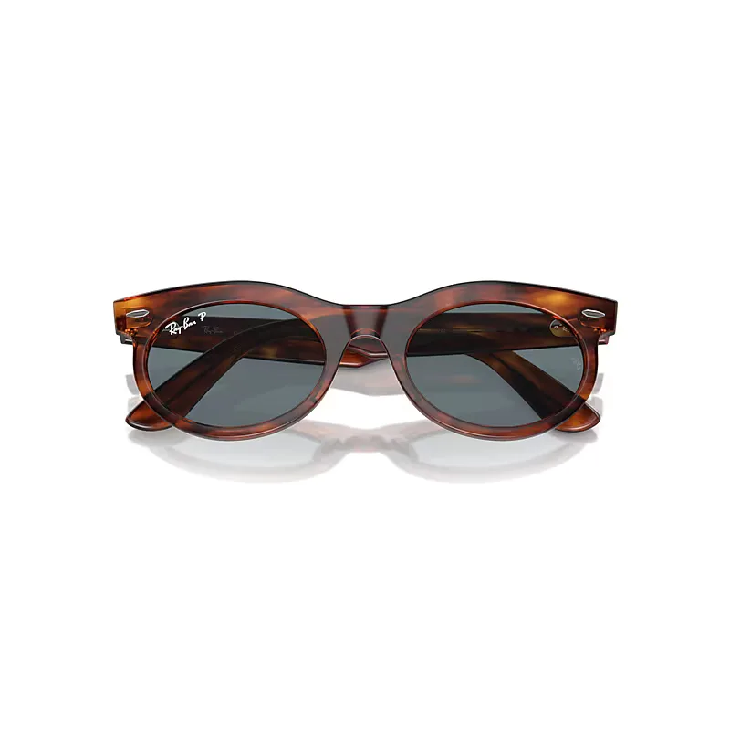 Wayfarer Oval Sunglasses Striped Havana Frame Blue Lenses Polarized by Ray-Ban