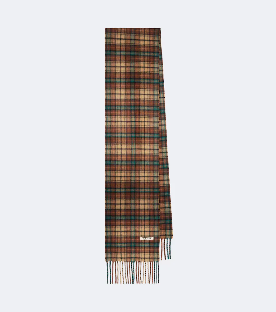 Checked Fringed Cashmere Scarf by Auralee