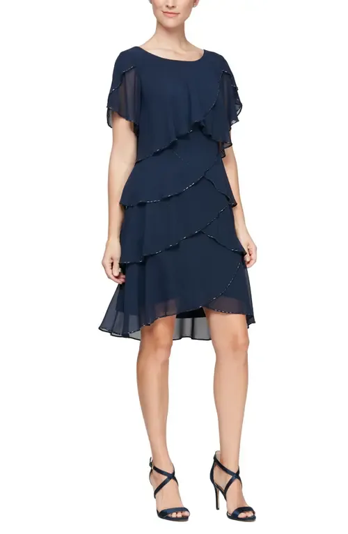 Beaded Tiered Chiffon Sheath Dress