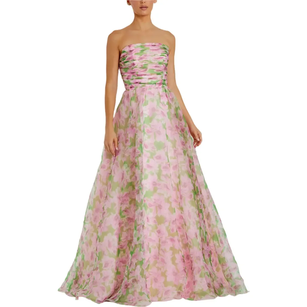 Strapless Floral Chiffon Gown with Ruched Detail