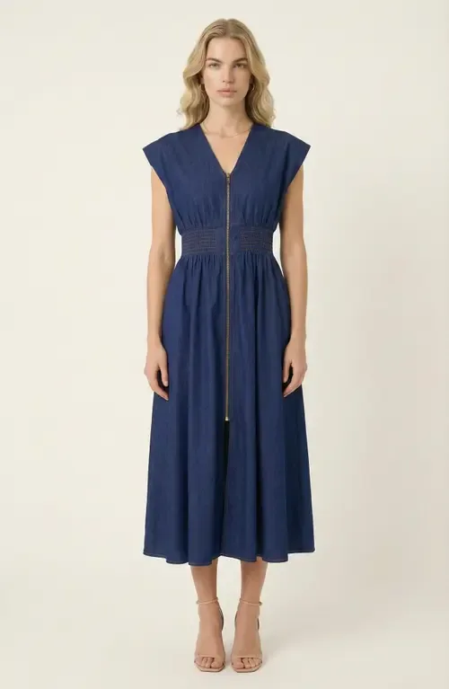 Zip Front Sleeveless Denim Midi Dress
