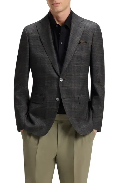 Hutson Slim Fit Slub Black & Brown Check Wool Sport Coat by BOSS