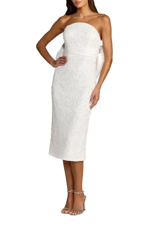 Beaded Lace Strapless Bow Detail Fitted Midi Dress by Mac Duggal