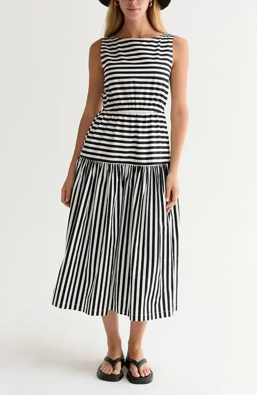 Cotton Blend Gathered Stripe Midi Dress by CRESCENT