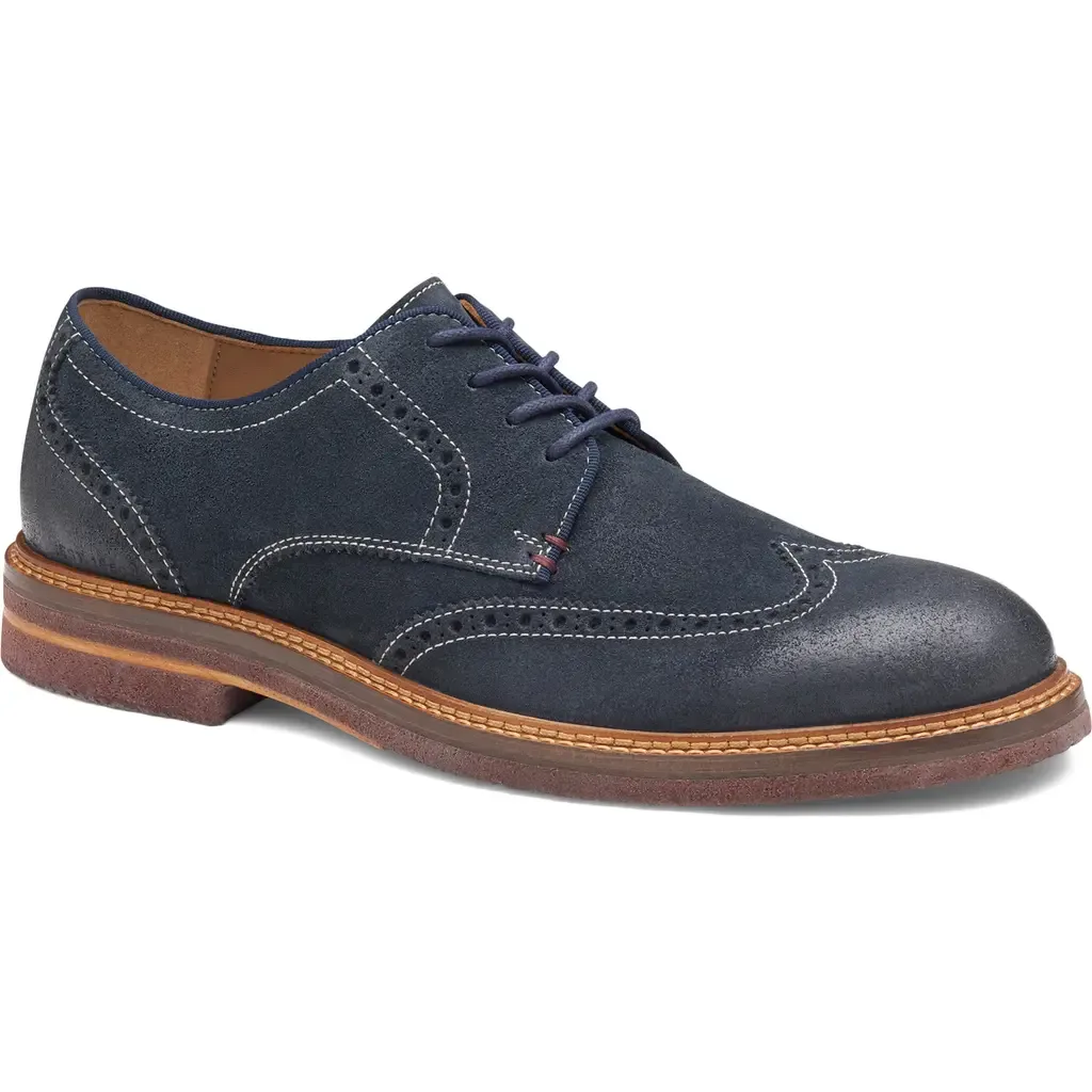 Calder Wingtip Derby in Navy Waxed Suede by Johnston & Murphy