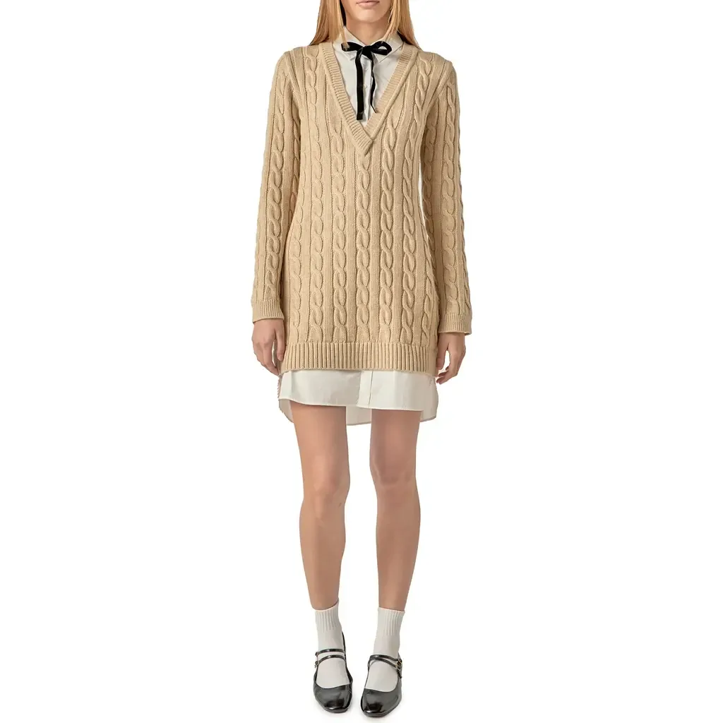 Mixed Media Cable Stitch Long Sleeve Sweater Dress by English Factory
