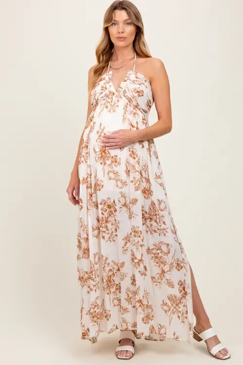 Blue Floral Tie-Back Halter Maxi Dress by PinkBlush