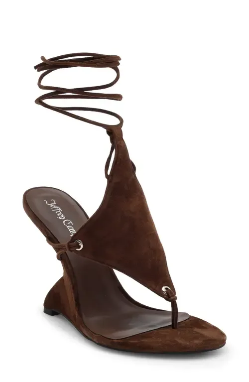 Pachouli Ankle Wrap Wedge Sandal in Espresso Suede by Jeffrey Campbell