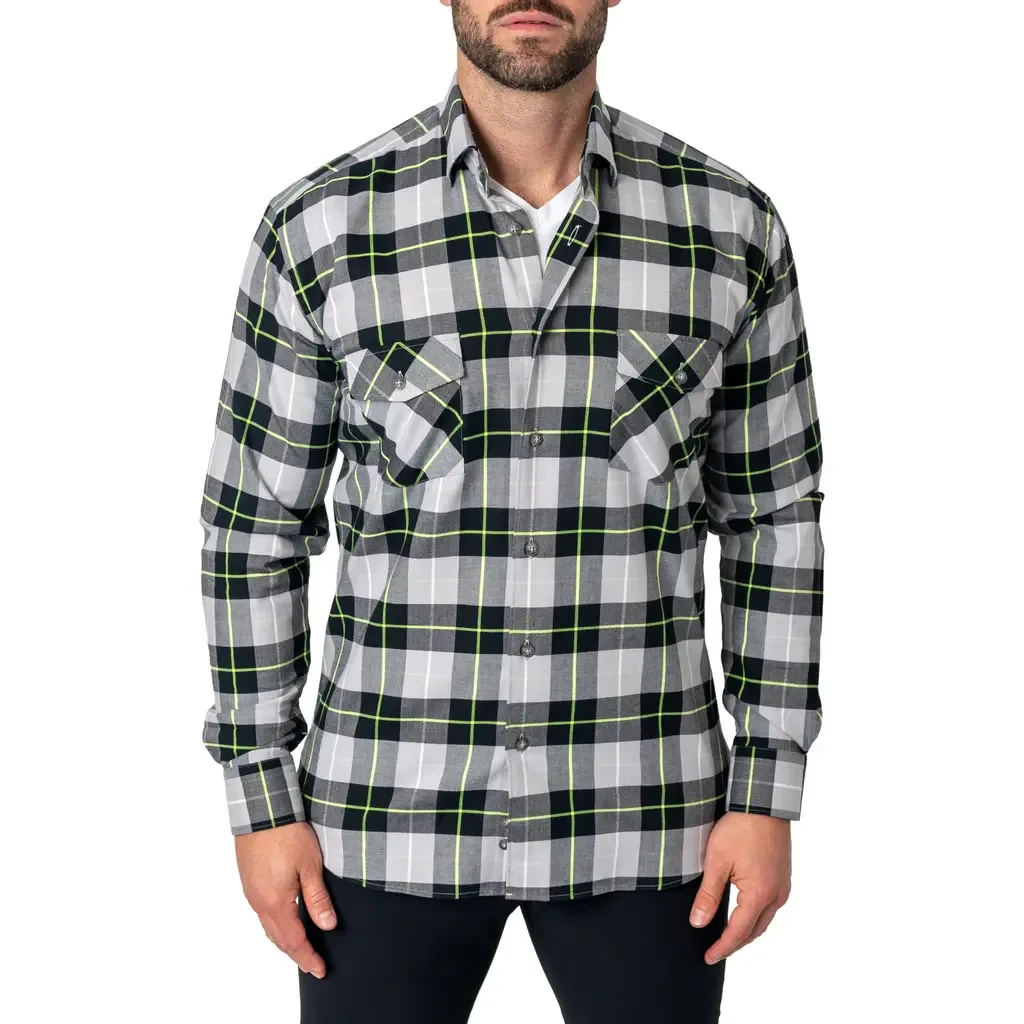 Plaid Embroidered Cotton Flannel Button-Up Shirt by Maceoo