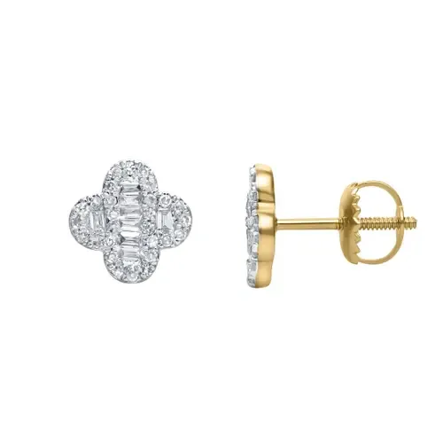 Ariana 0.4 Cts Baguette & Round-Cut Diamond Clover Stud Earrings in 14K Gold by LuvMyJewelry