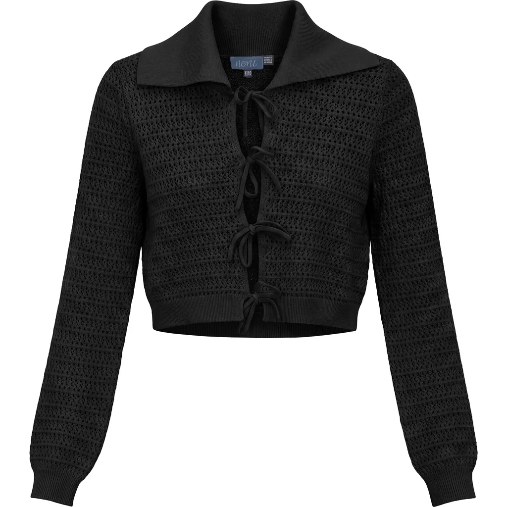 Eyelet Knit Lace-Up V-Neck Sweater by Noni