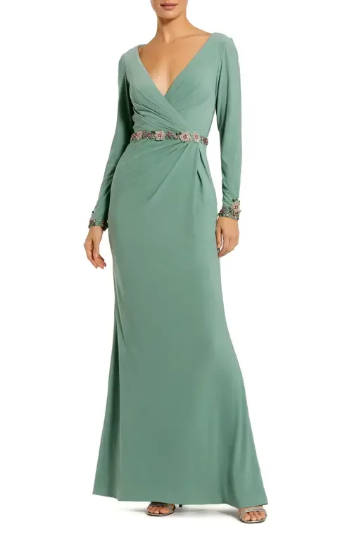 Jersey Long Sleeve V-Neck Gown with Beaded Belt by Mac Duggal